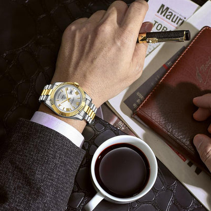 NIBOSI Men'S Luxury Dress Watch 40Mm Rose Gold Dial Stainless Steel Band Rotating Quartz Analog Waterproof Luminous Big Face Boss Wrist Watch