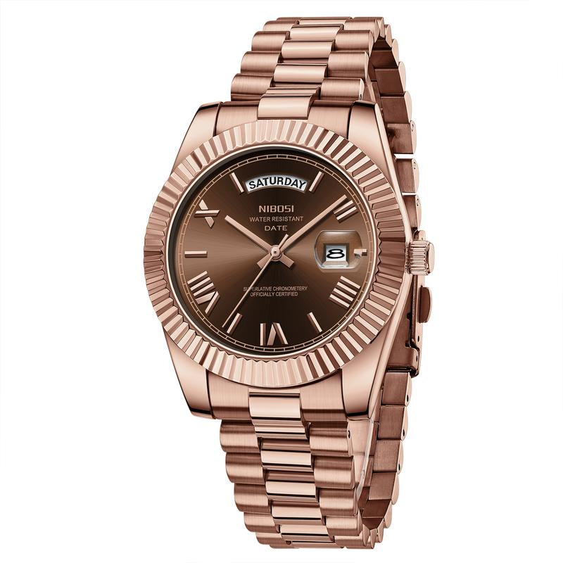 NIBOSI Men'S Luxury Dress Watch 40Mm Rose Gold Dial Stainless Steel Band Rotating Quartz Analog Waterproof Luminous Big Face Boss Wrist Watch