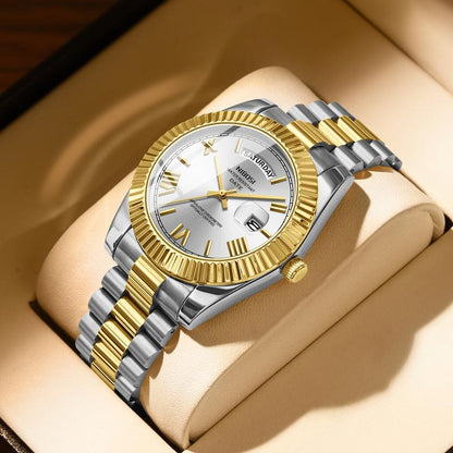 NIBOSI Men'S Luxury Dress Watch 40Mm Rose Gold Dial Stainless Steel Band Rotating Quartz Analog Waterproof Luminous Big Face Boss Wrist Watch