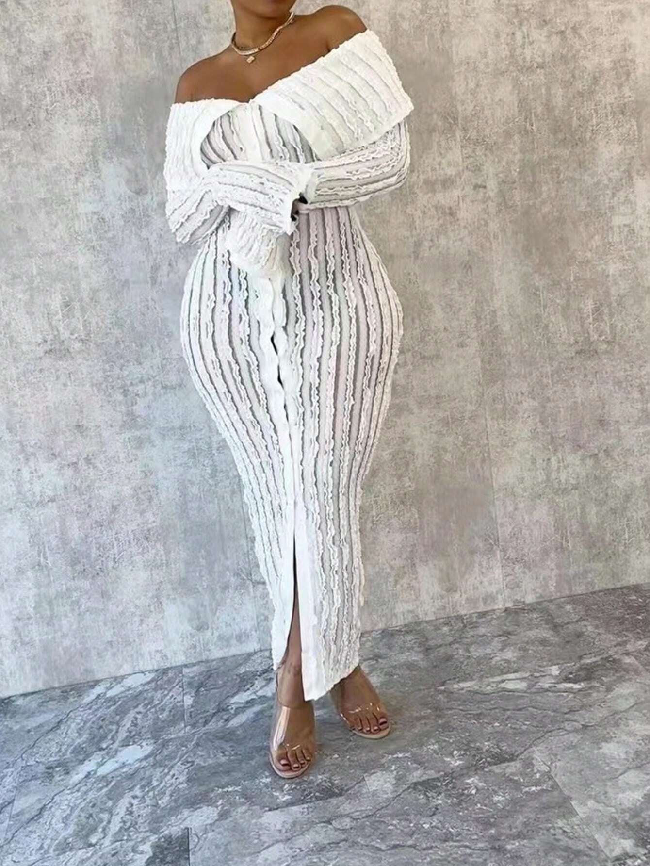 Elevate Your Style with Our Women's Off-Shoulder Long Sleeve Knitted Dress