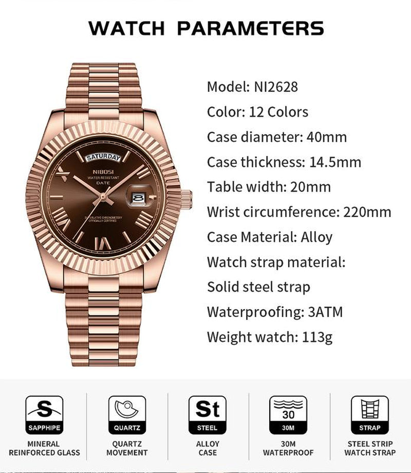 NIBOSI Men'S Luxury Dress Watch 40Mm Rose Gold Dial Stainless Steel Band Rotating Quartz Analog Waterproof Luminous Big Face Boss Wrist Watch