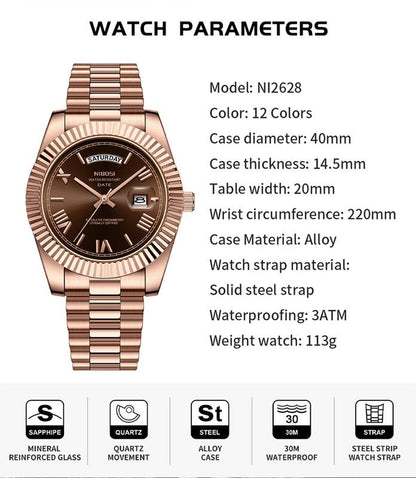 NIBOSI Men'S Luxury Dress Watch 40Mm Rose Gold Dial Stainless Steel Band Rotating Quartz Analog Waterproof Luminous Big Face Boss Wrist Watch