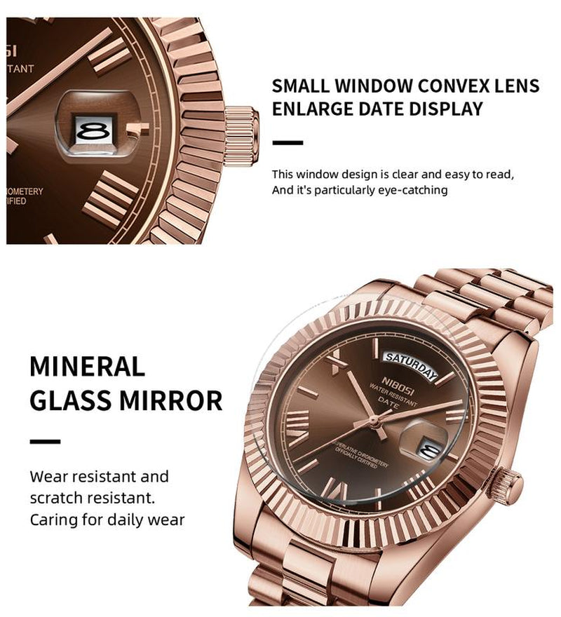 NIBOSI Men'S Luxury Dress Watch 40Mm Rose Gold Dial Stainless Steel Band Rotating Quartz Analog Waterproof Luminous Big Face Boss Wrist Watch