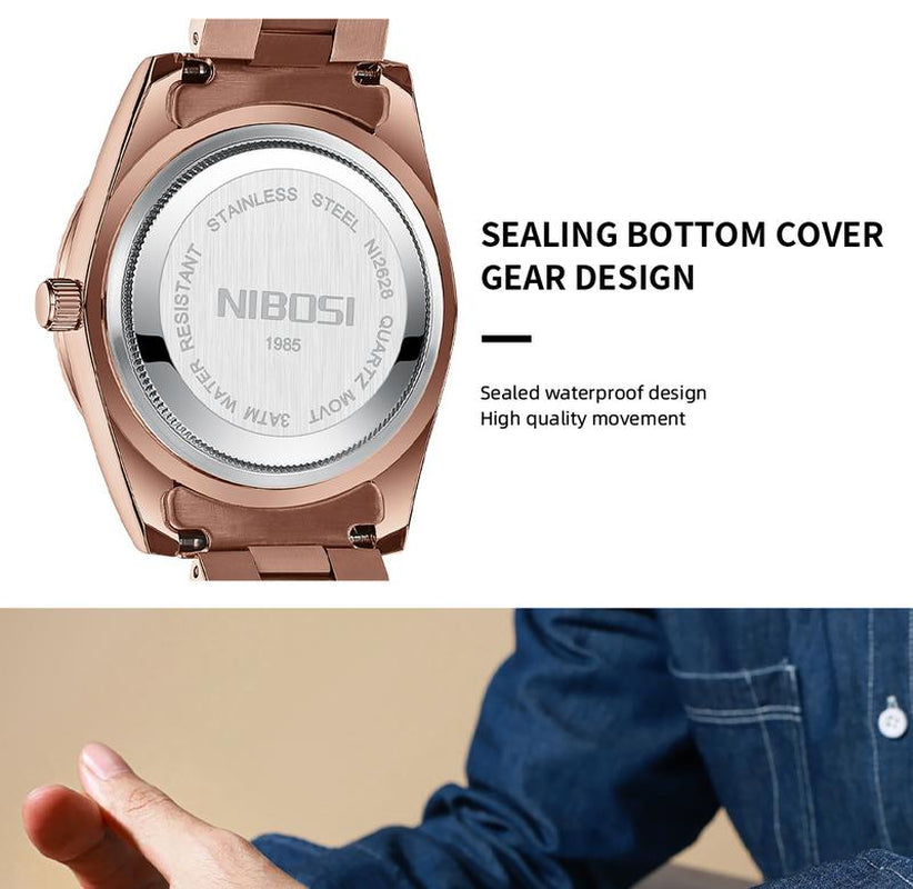NIBOSI Men'S Luxury Dress Watch 40Mm Rose Gold Dial Stainless Steel Band Rotating Quartz Analog Waterproof Luminous Big Face Boss Wrist Watch