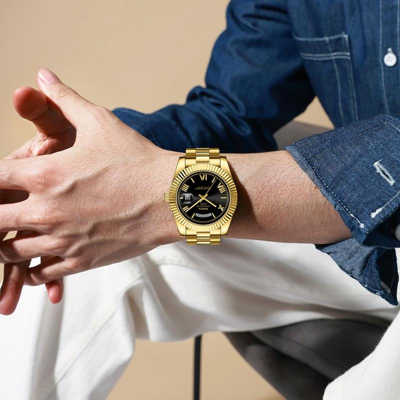 NIBOSI Men'S Luxury Dress Watch 40Mm Rose Gold Dial Stainless Steel Band Rotating Quartz Analog Waterproof Luminous Big Face Boss Wrist Watch