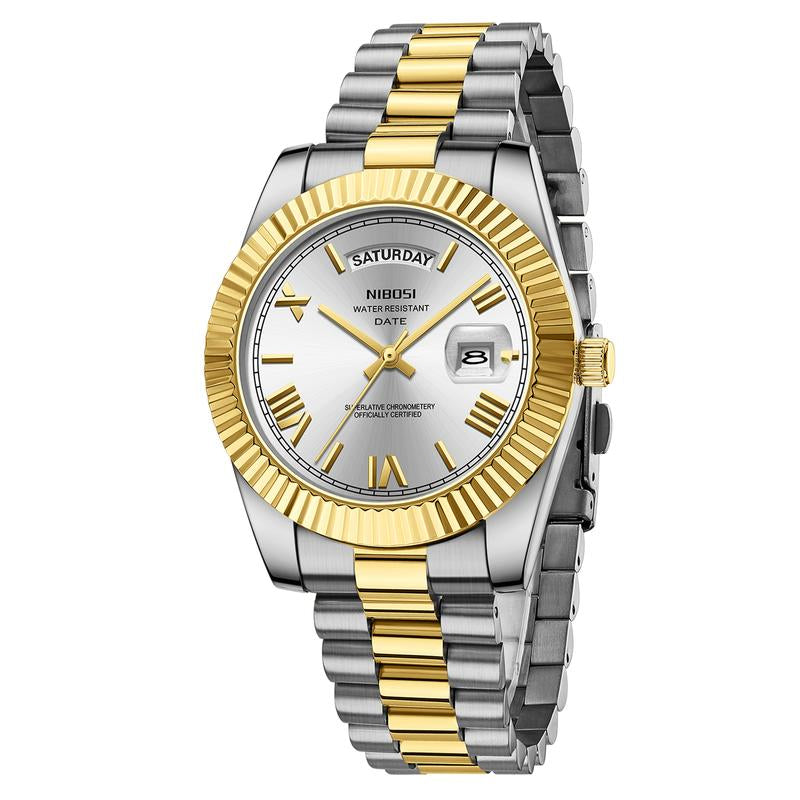 NIBOSI Men'S Luxury Dress Watch 40Mm Rose Gold Dial Stainless Steel Band Rotating Quartz Analog Waterproof Luminous Big Face Boss Wrist Watch