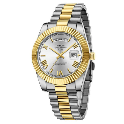 NIBOSI Men'S Luxury Dress Watch 40Mm Rose Gold Dial Stainless Steel Band Rotating Quartz Analog Waterproof Luminous Big Face Boss Wrist Watch